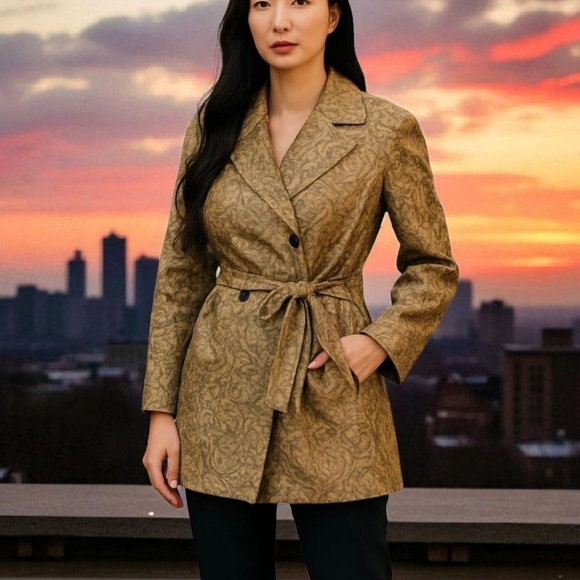 Gold Brocade Over Black Textured Chic double Breasted Belted Trench Coat Sz M - Picture 1 of 9